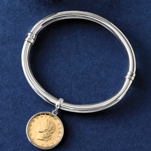 Italian Genuine Lira Coin Charm Bangle Bracelet in Sterling Silver/ Beautiful 😍 - Picture 3 of 4